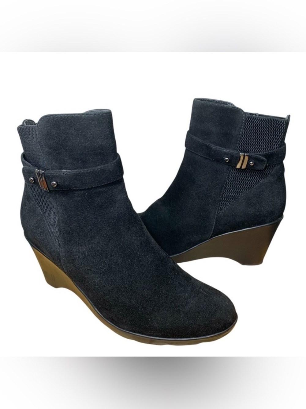 Blondo Black Suede Wedge Ankle Boots Sz 7 Aqua Protect Side Zip Classic Booties